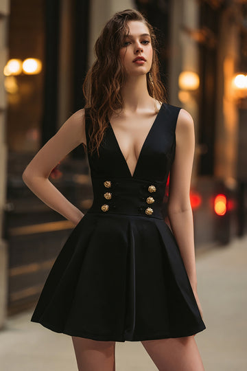 Balck Double-Breasted A-Line Mini Cocktail Dress